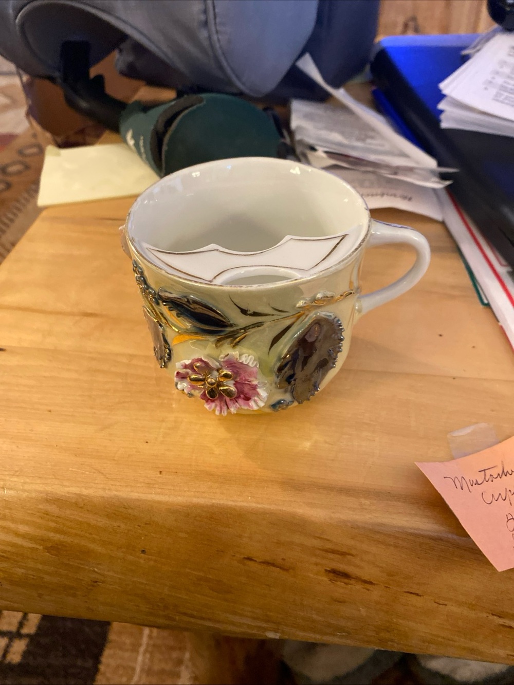 German Porcelain Embossed Floral Mustache Cup 12oz Painted Gold Trim Decorated